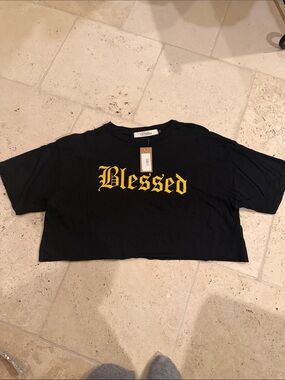 OOTDFash Black Tee with Yellow Gothic Print
